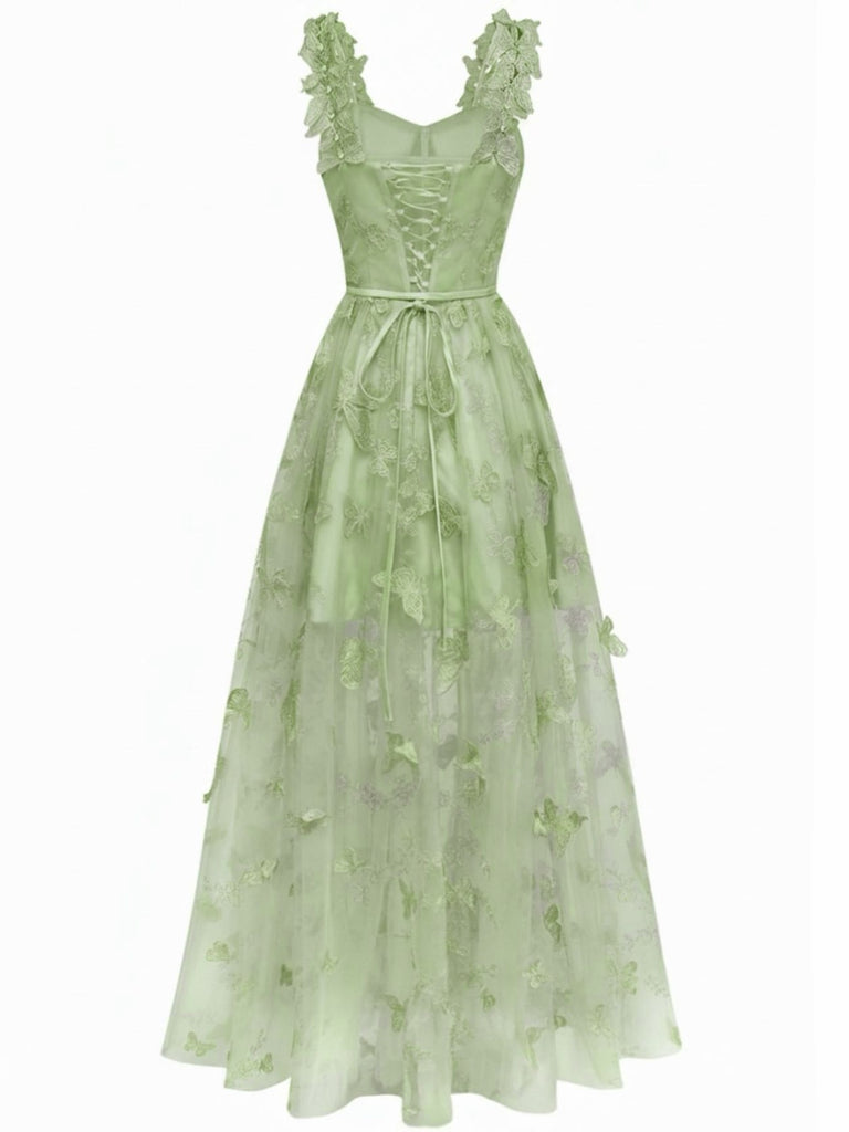 1930er Spaghetti Träger 3D Schmetterlinge Netz Maxi Kleid