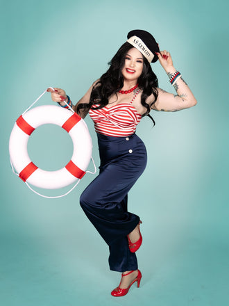 Dunkelblau 1930er Spaghetti Träger Streifen Jumpsuit