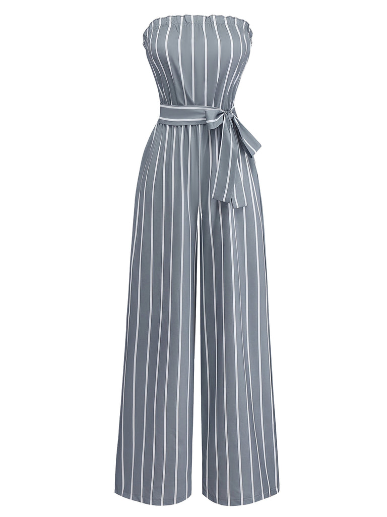 Grau 1930er Trägerlos Streifen Gegürtet Jumpsuit
