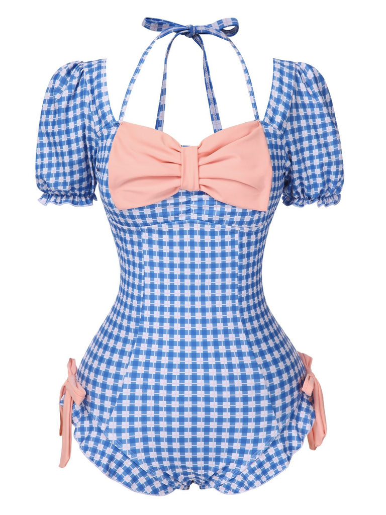 1950er Bogen Puffärmel Gingham Plaid Badeanzug