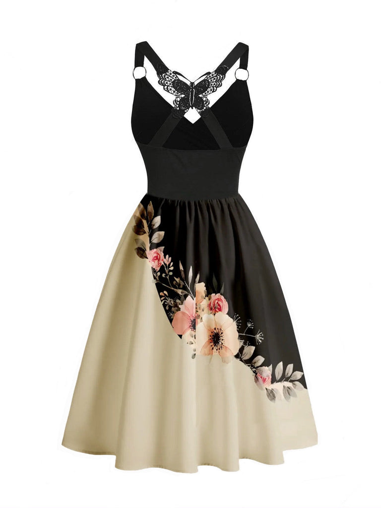 1950er Spitze Schmetterling Blumen Farbblock Kleid