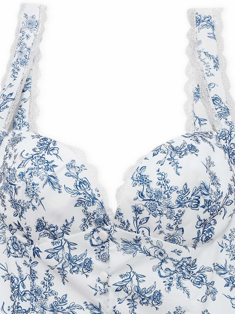 Blau 1950er Träger Blumen Spitze Korsett Kleid