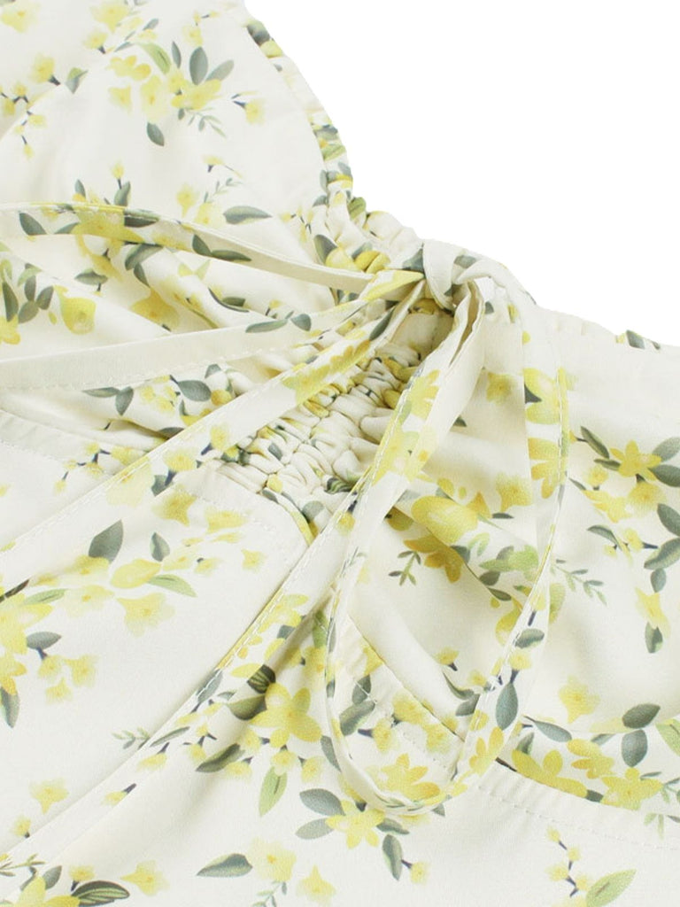 1940er Blumen Schnürung Breit-Träger Kleid