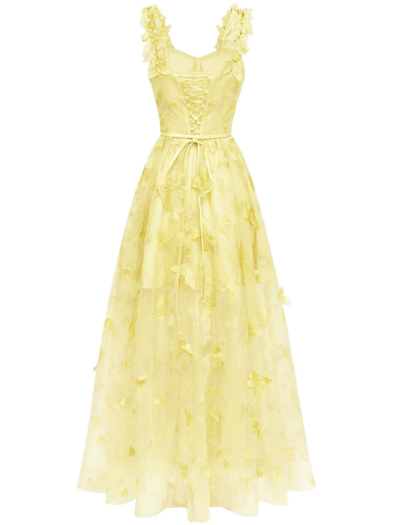 1930er Spaghetti Träger 3D Schmetterlinge Netz Maxi Kleid