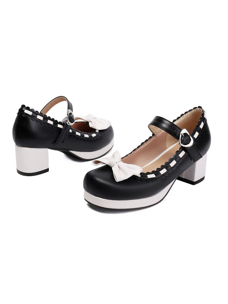 Klobiger Absatz Farbblock Bogen Marry Jane Schuhe