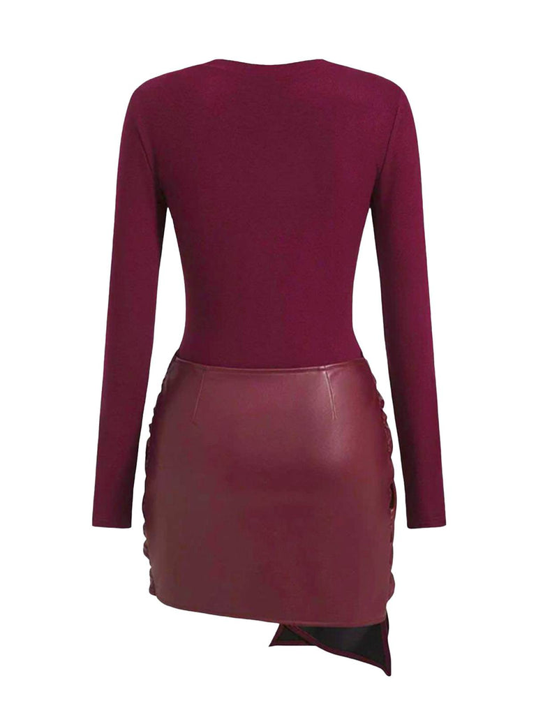 1980er Faux Leder Bogen Langarm Kleid