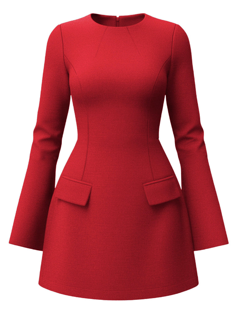 1960er Solide Langarm Faux Taschen Kleid