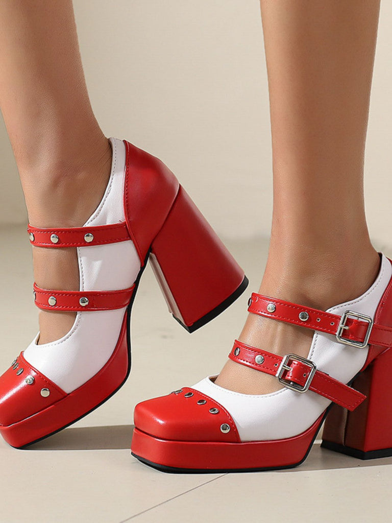Mary Jane Nieten Quadratisch Zehenbereich Block Absatz Schuhe