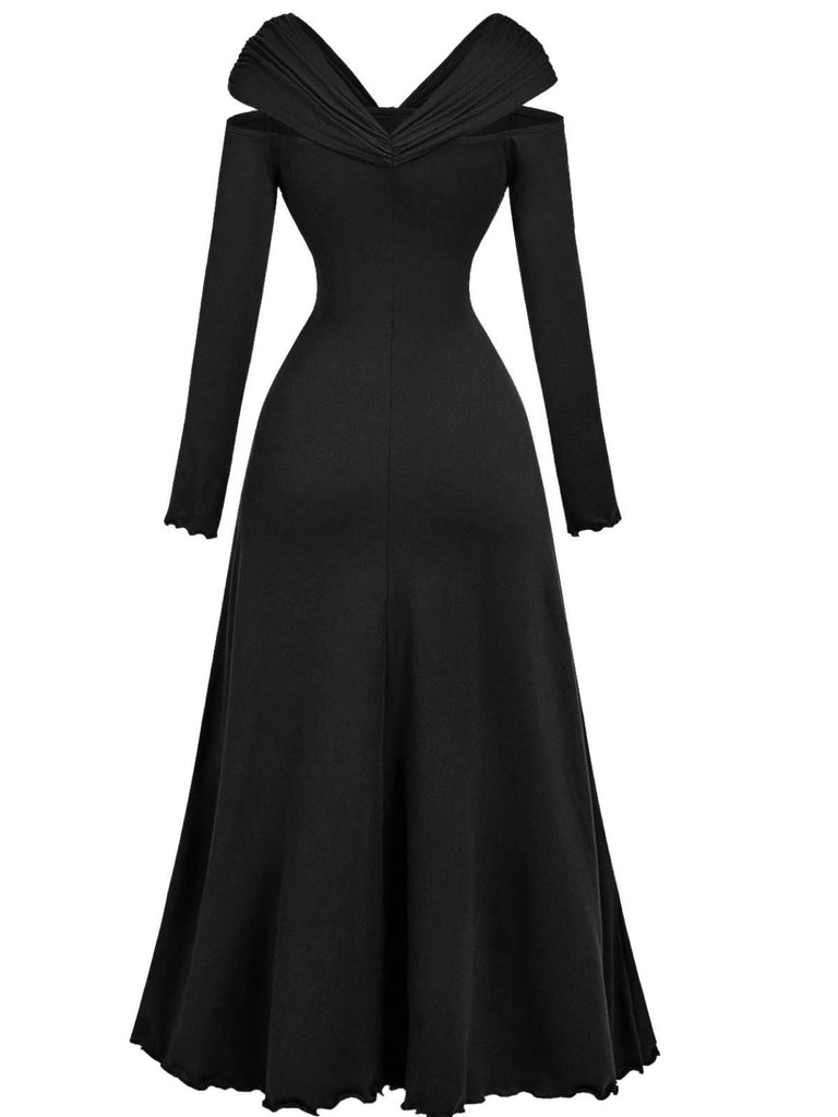 1940er Schulterfrei Langarm Plissiertes Kleid
