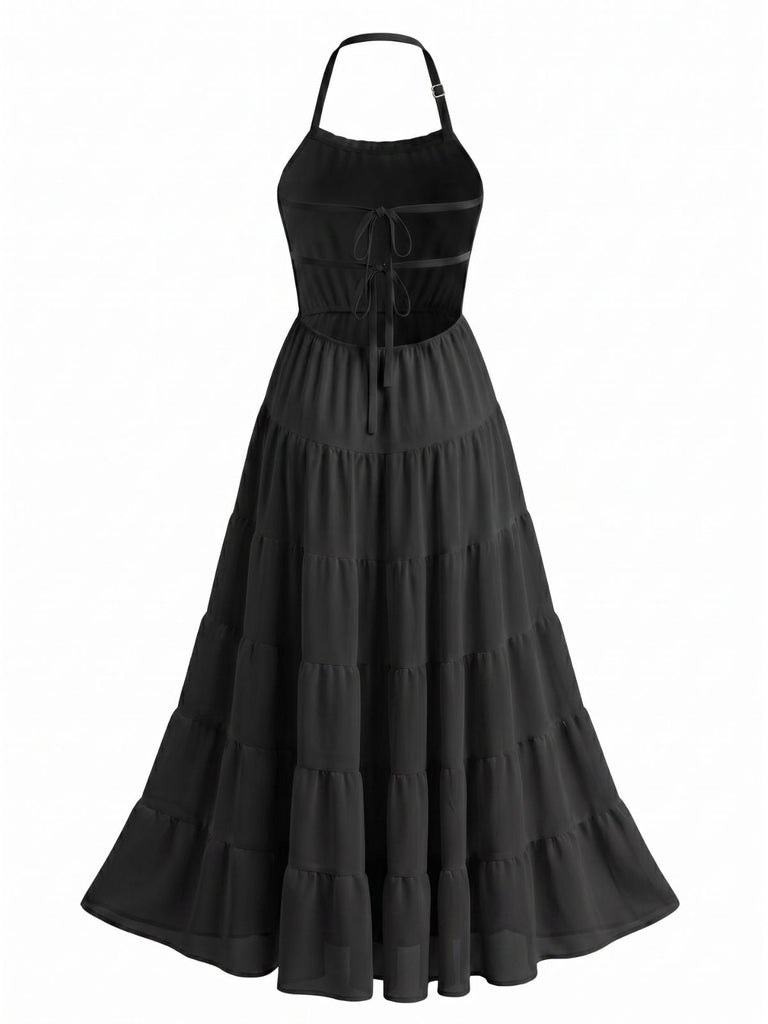 70er Chiffon-Maxikleid mit Neckholder und offenem Rücken