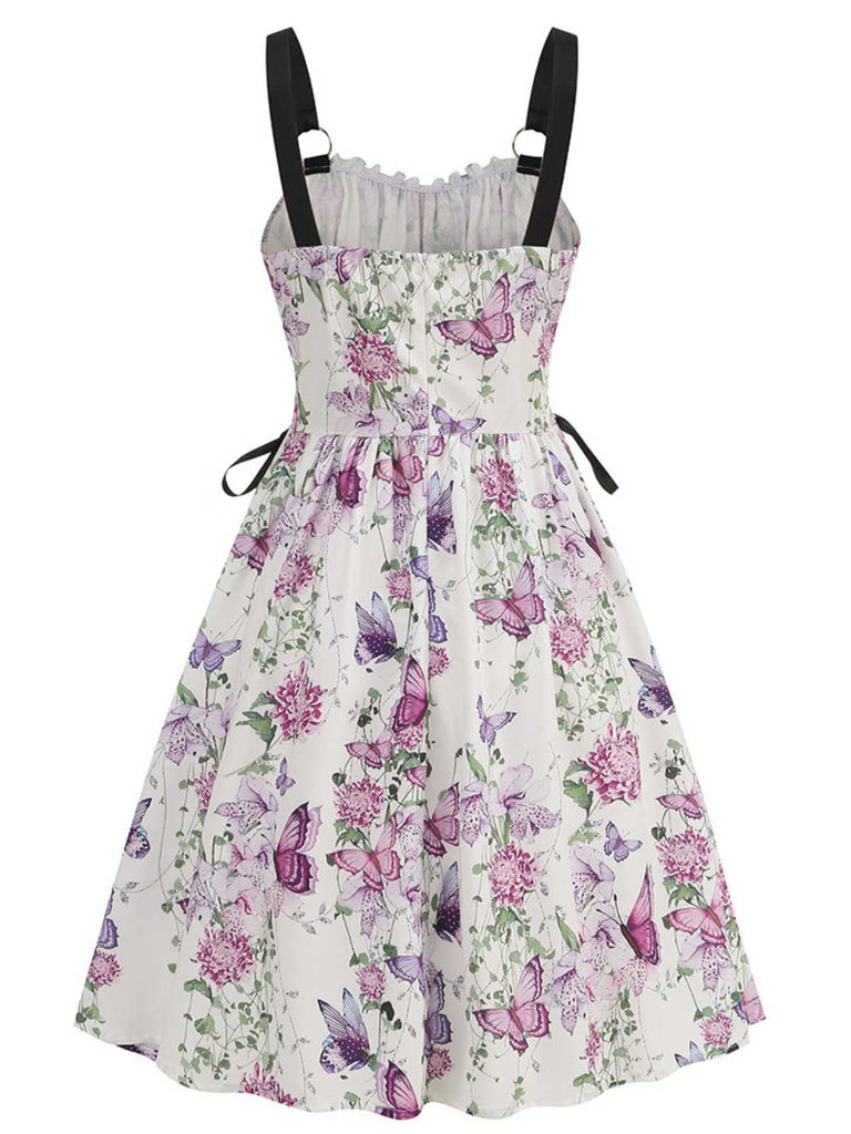 1950er Träger Blumen Schmetterlinge Schnürung Korsett Kleid