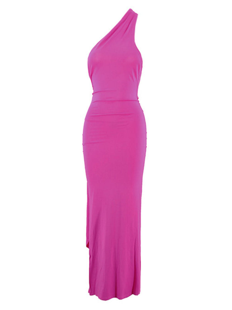 1980er Solide Eine Schulter Rückenfrei Abend Kleid mit Schleppe