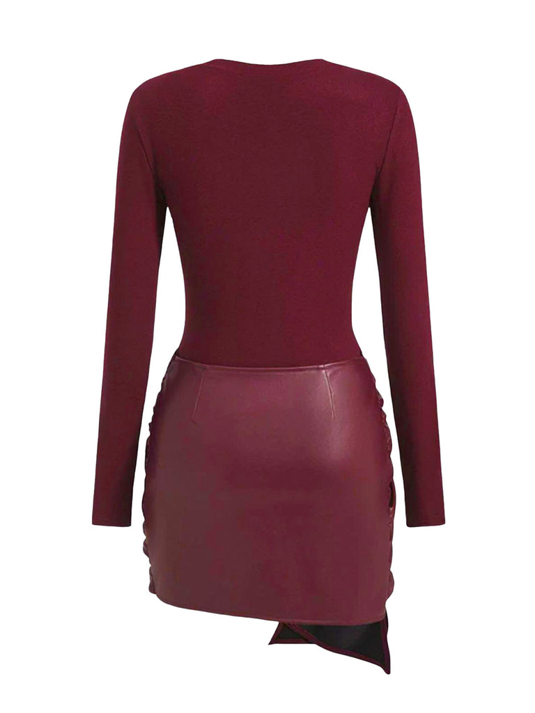 1980er Faux Leder Bogen Langarm Kleid