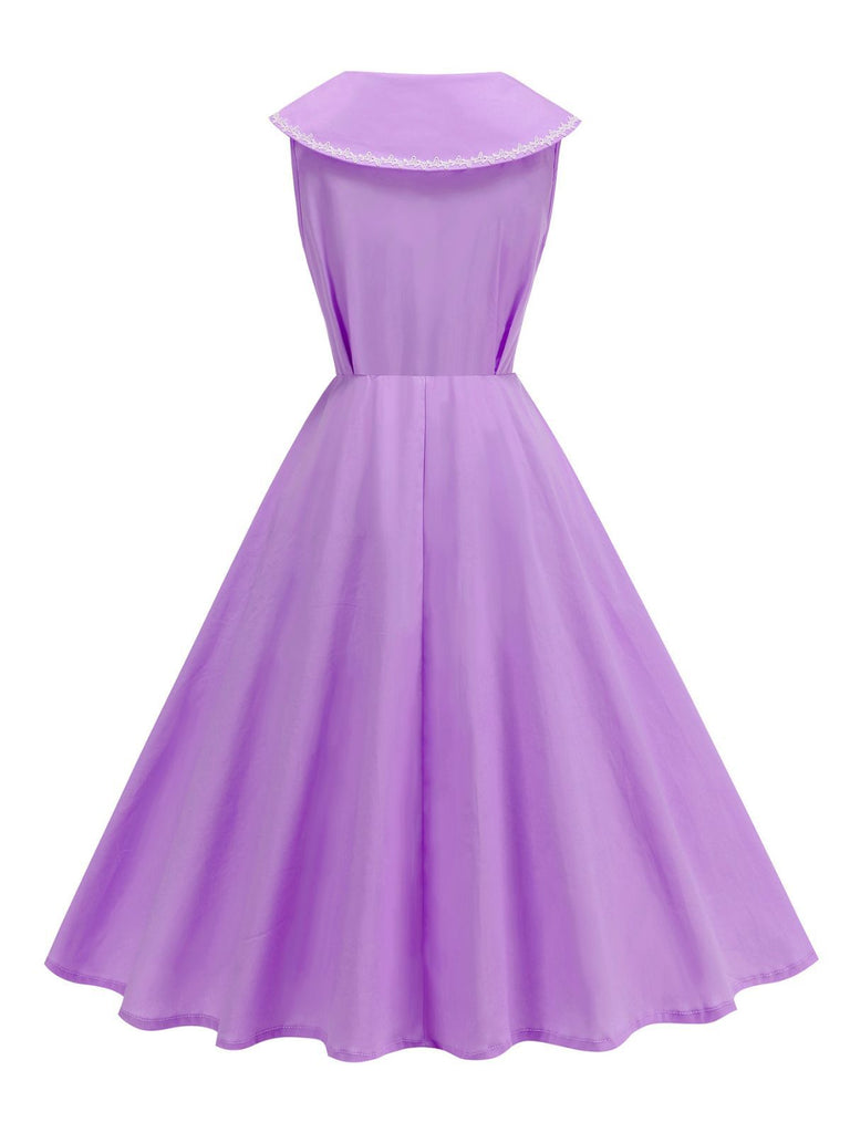 1950er Solide Matrosen Kragen Schleife Ärmellos Kleid