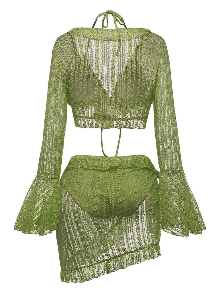 4PCS 1970er Halter Bikini Set & Transparent Glockenärmel Cover-Up