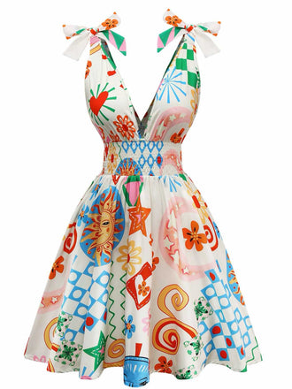 1970er V-Ausschnitt Boho Gesmokt Ärmellos Kleid