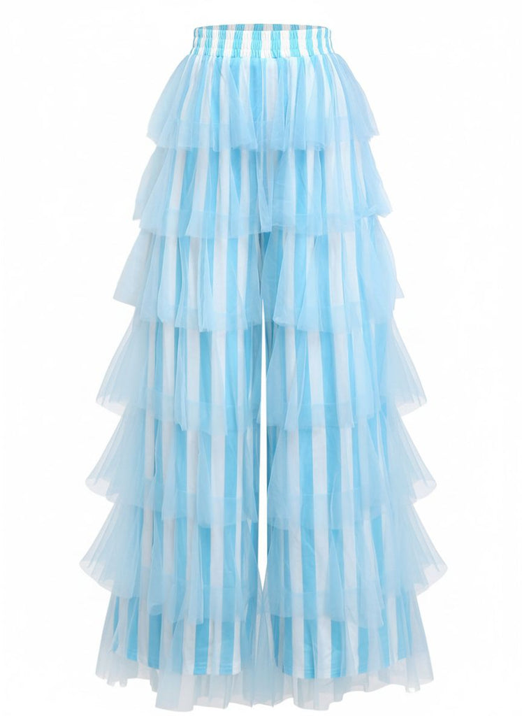 1970er Vertikale Streifen Netz Stufen Rüschen Hose