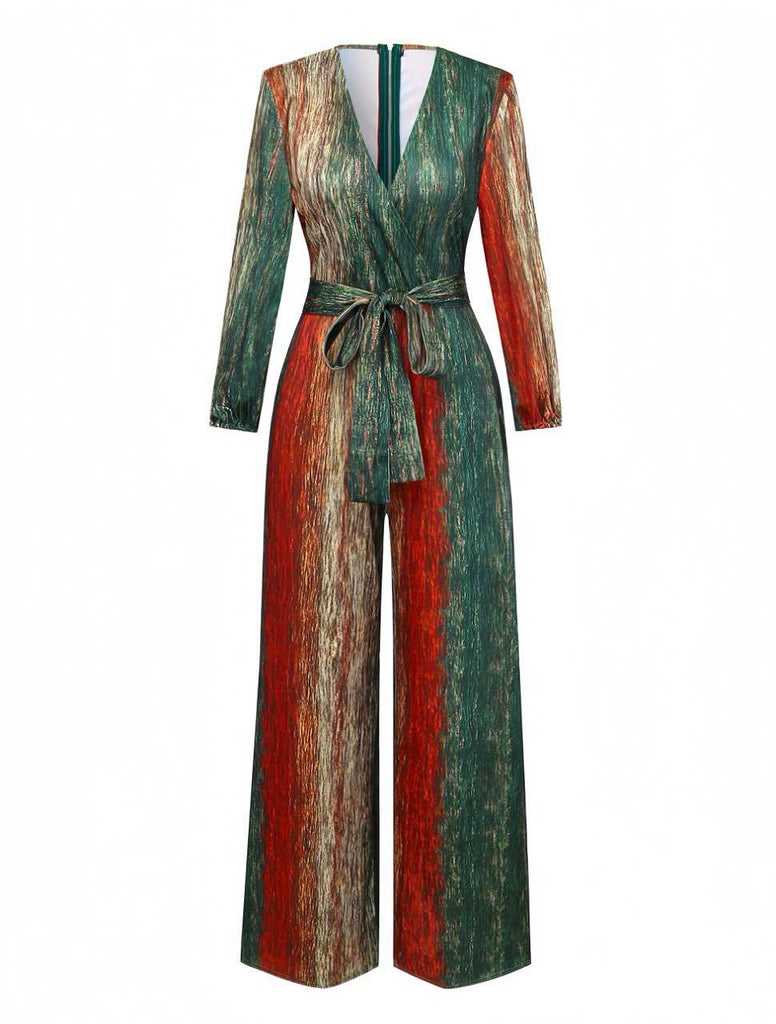 Multicolor 1970er V-Ausschnitt Gürtel Jumpsuit