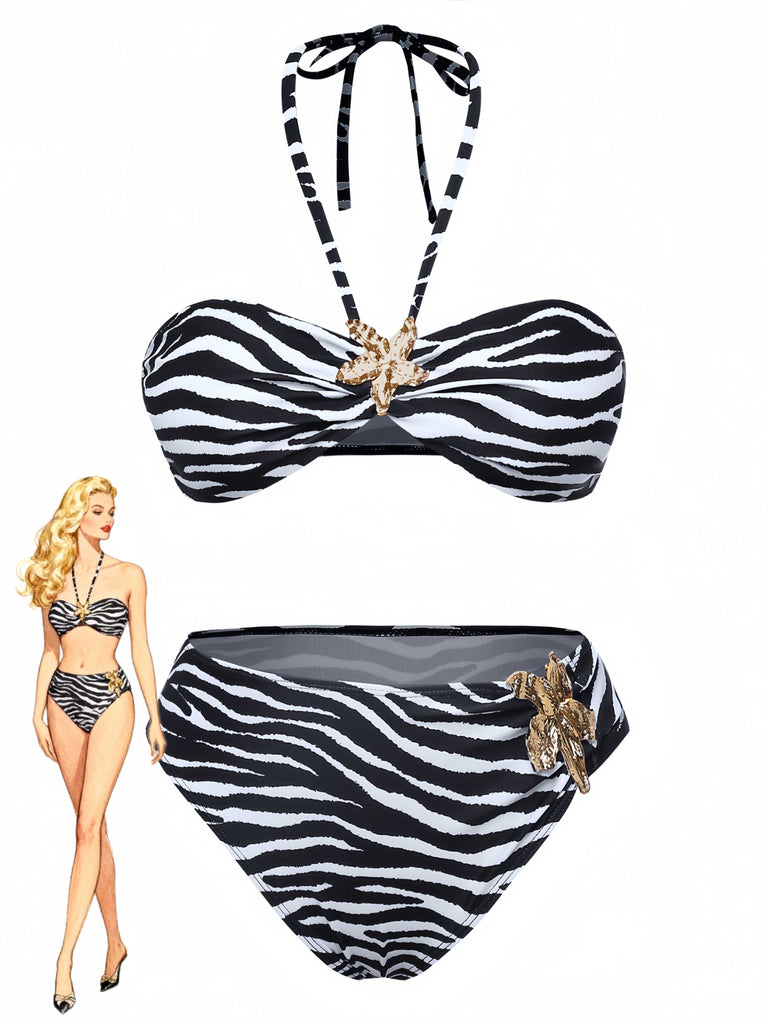 Schwarz & Weiß 1960er Zebra Druck Seestern Akzente Bikini Set
