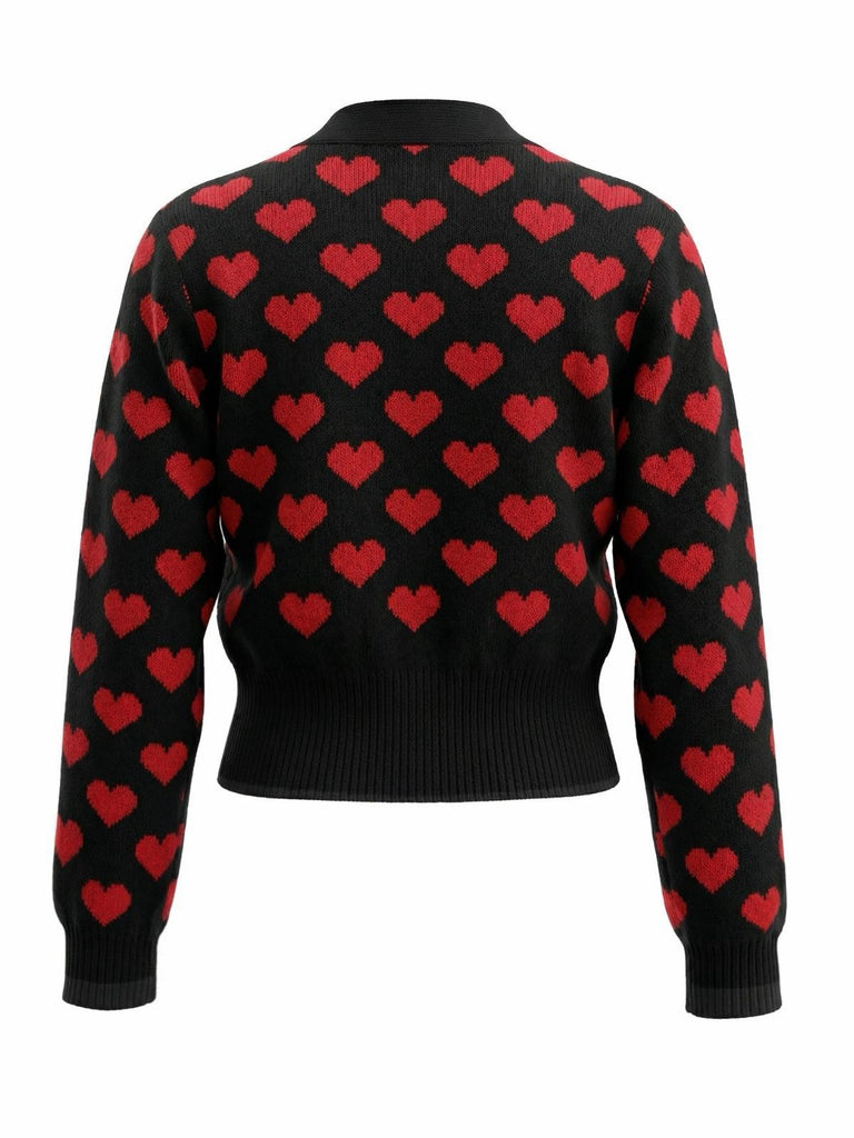 Schwarz 1960er Valentinstag Herz Kurz Stricken Strickjacke