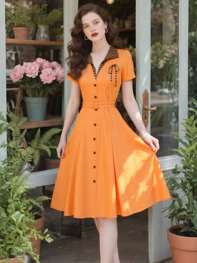 Orange 1940er Baumwolle Polka Dot Revers Bogen Kleid