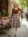 Braun 1950er Krawattenhals Stricken Plaid Kleid