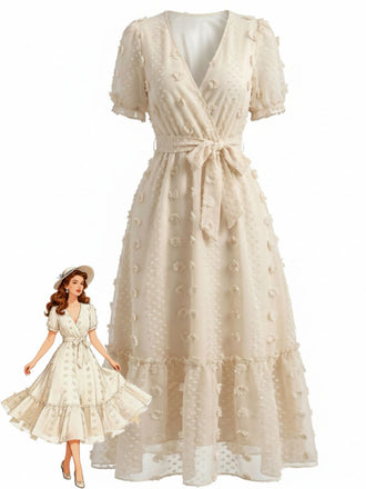 Beige 70er Kleid mit V-Ausschnitt und Blumen
