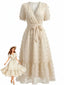 Beiges 70er Kleid mit Polka-Dots und 3D-Blumen