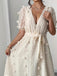 Beige 70er Kleid mit V-Ausschnitt und Blumen