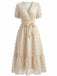 Beige 70er Kleid mit V-Ausschnitt und Blumen