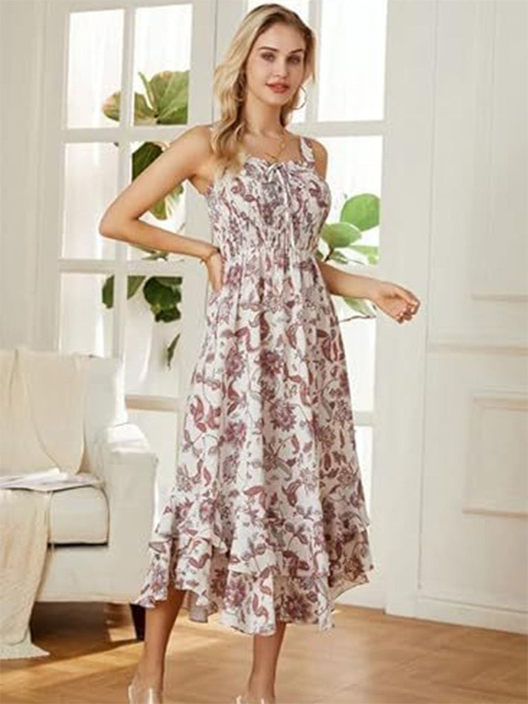 Frau in einem geblümten Kleid in einem hellen Zimmer mit großen Fenstern.