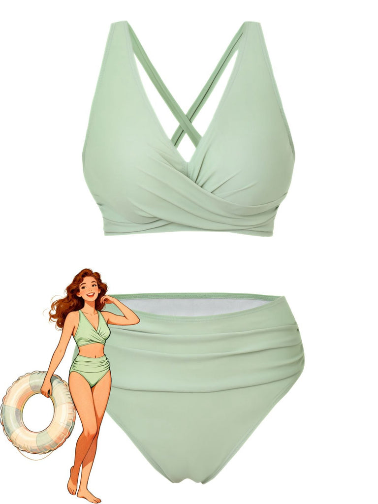 Vintage-Wickelbikini mit gekreuztem Oberteil und hochgeschnittenem Höschen im Retro-Stil der 1950er Jahre