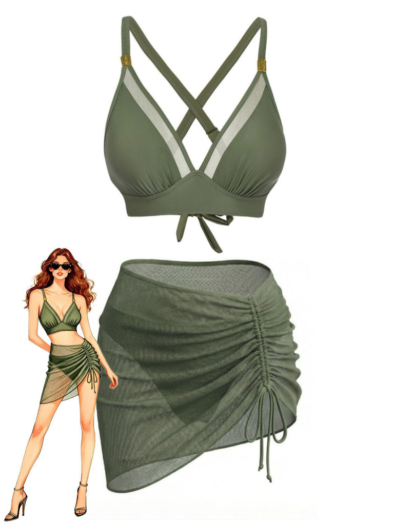 Vorderseite: 3-teiliges Bikini-Set aus den 1950er Jahren mit massiven Metallknöpfen, Vintage-Charme, perfekt für Liebhaber von Vintage-Mode