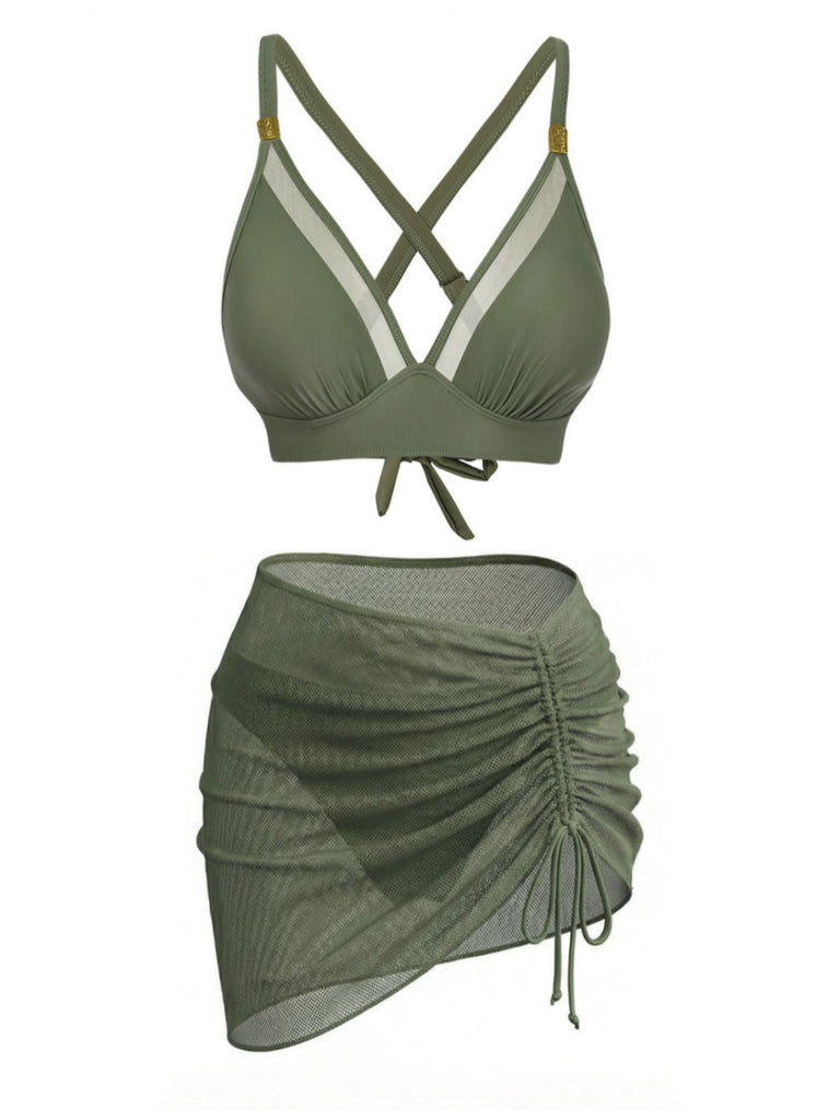 Vorderseite: 3-teiliges Bikini-Set aus den 1950er Jahren mit massiven Metallknöpfen, eleganter Vintage-Stil, perfekt für Liebhaberinnen von Vintage-Mode