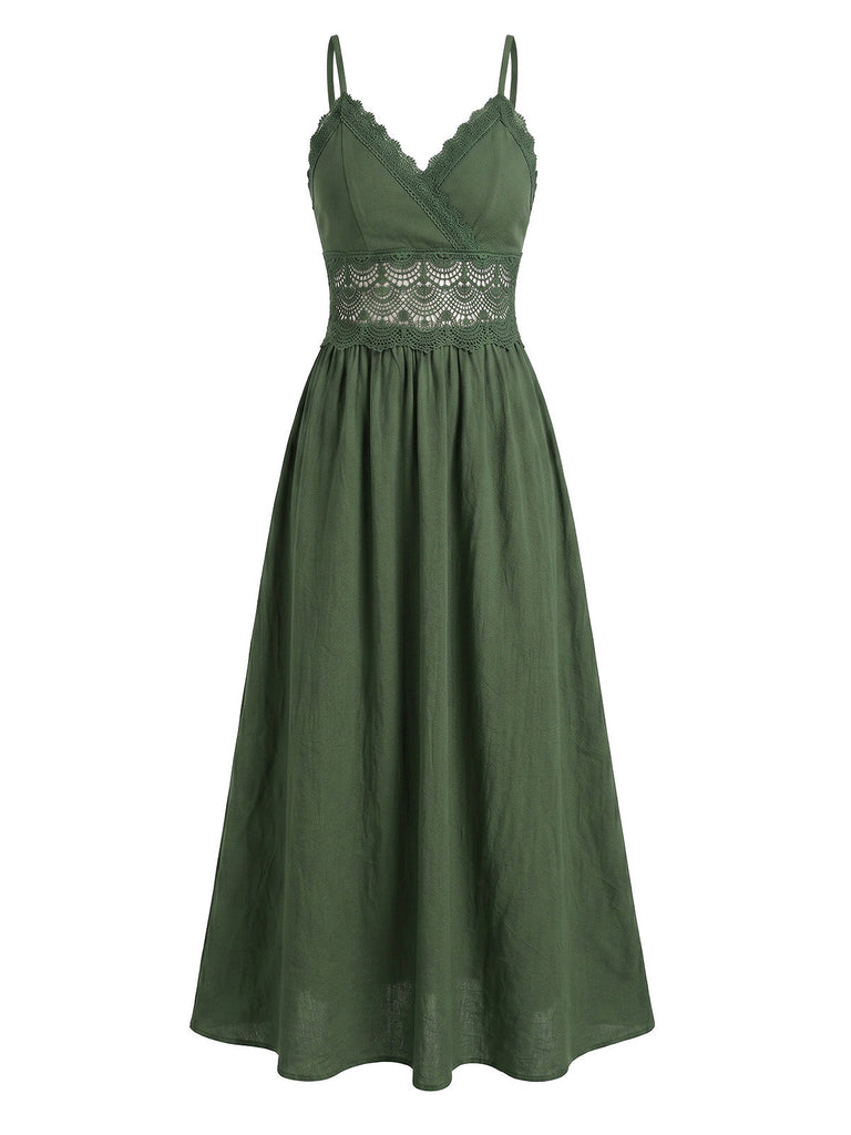 Grünes 30er Smockkleid mit V-Ausschnitt und Patchwork