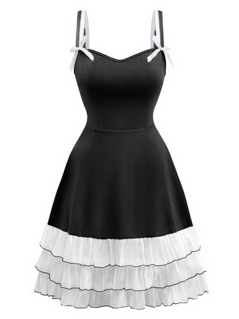 1950er Geschichtet Saum Kontrast Bogen Träger Kleid