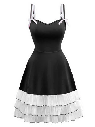 1950er Geschichtet Saum Kontrast Bogen Träger Kleid