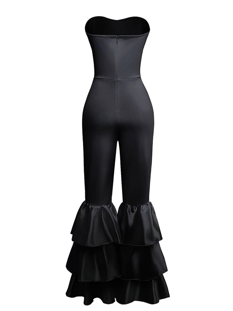 1970er Boho Trägerloses Solide Plissiertes Rüschen Jumpsuit