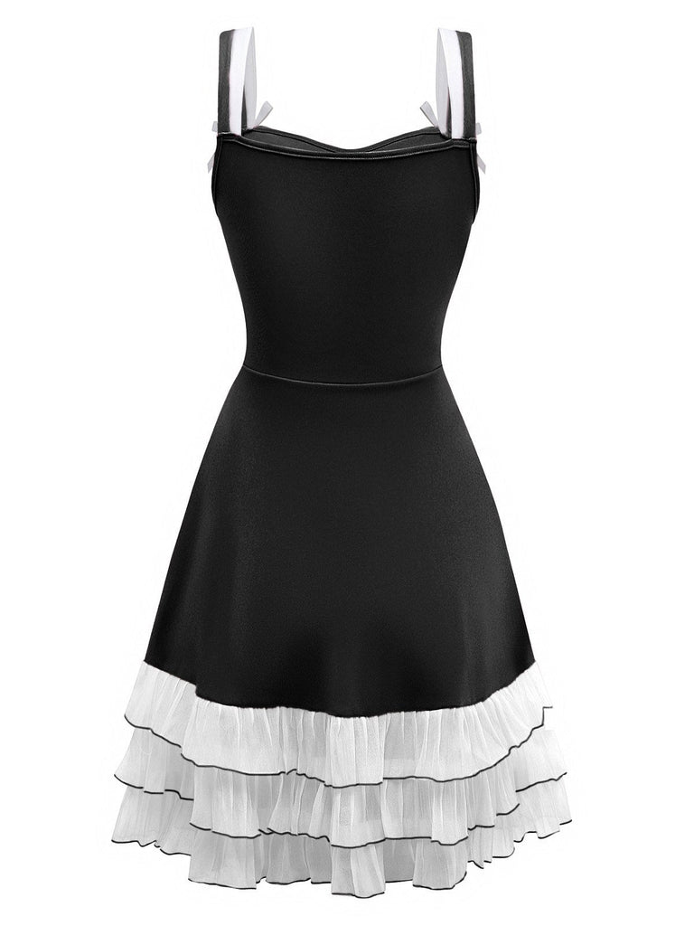 1950er Geschichtet Saum Kontrast Bogen Träger Kleid