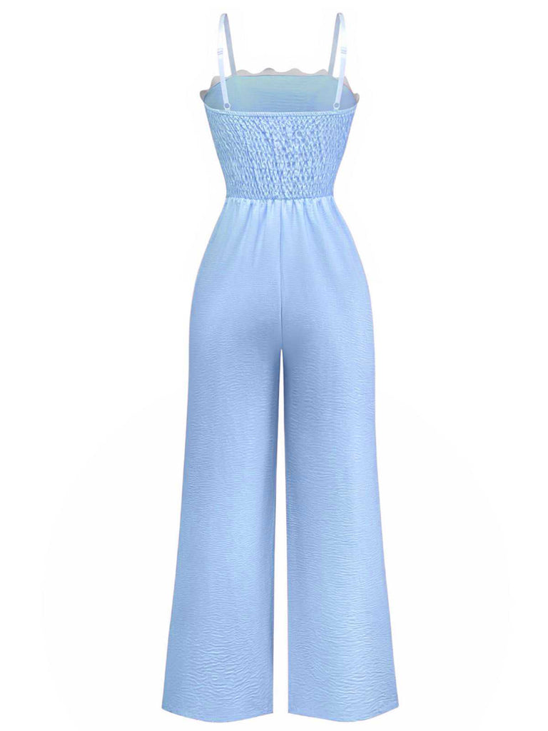 1970er Welle-Trimmen Spaghetti Träger Weites Bein Jumpsuit