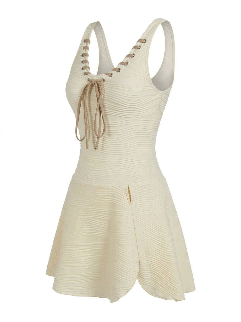 Beigefarbener, einteiliger Badeanzug im Stil der 1930er Jahre – Vintage-Badeanzug im Pin-up-Stil