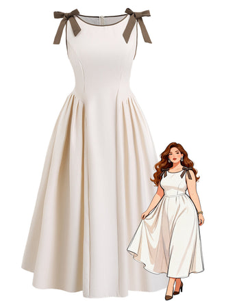 [Übergröße] Beige 40er Ärmelloses Kleid mit Schnürung