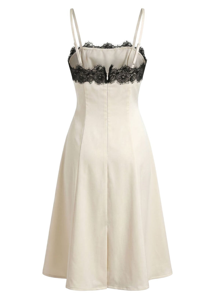 Beige 40er Kleid mit Spaghettiträger und Patchwork