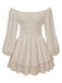 Beige 1950er Uni Schulterfrei Langarm Gesmoked Mini Kleid