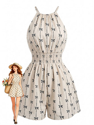 Beige 50er Ärmelloses Romper mit Neckholder und Schleife