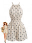 Beiger 50er gesmokter Romper mit Schleifen-Print und Neckholder