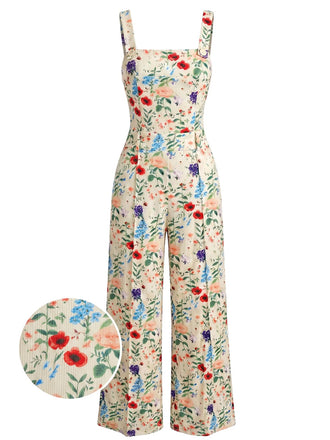 Beige 50er Jumpsuit mit Spaghettiträger und Eckiger Ausschnitt