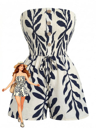 Beige 50er Trägerloser Romper mit Taillenbinde und Smok