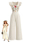 Beiger 50er Jumpsuit mit Blumenstickerei und Flatterärmeln
