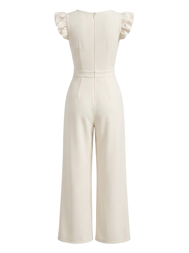 Beige 50er Jumpsuit mit Flatterärmel und Eckiger Ausschnitt